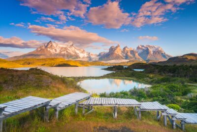 Sunrise over Lake Pehoe, Torres Del Paine National Park, Patagonia, Chile, South America