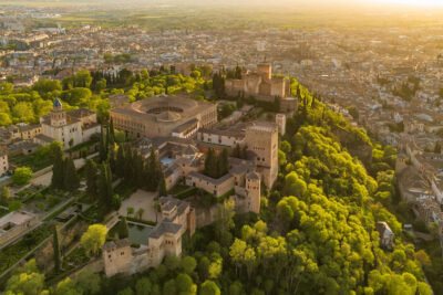 Aerial view of the historic Alhambra palace at sunset