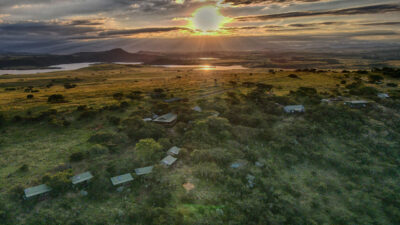 Aerial view of the main area at Three Tree Hill at sunset